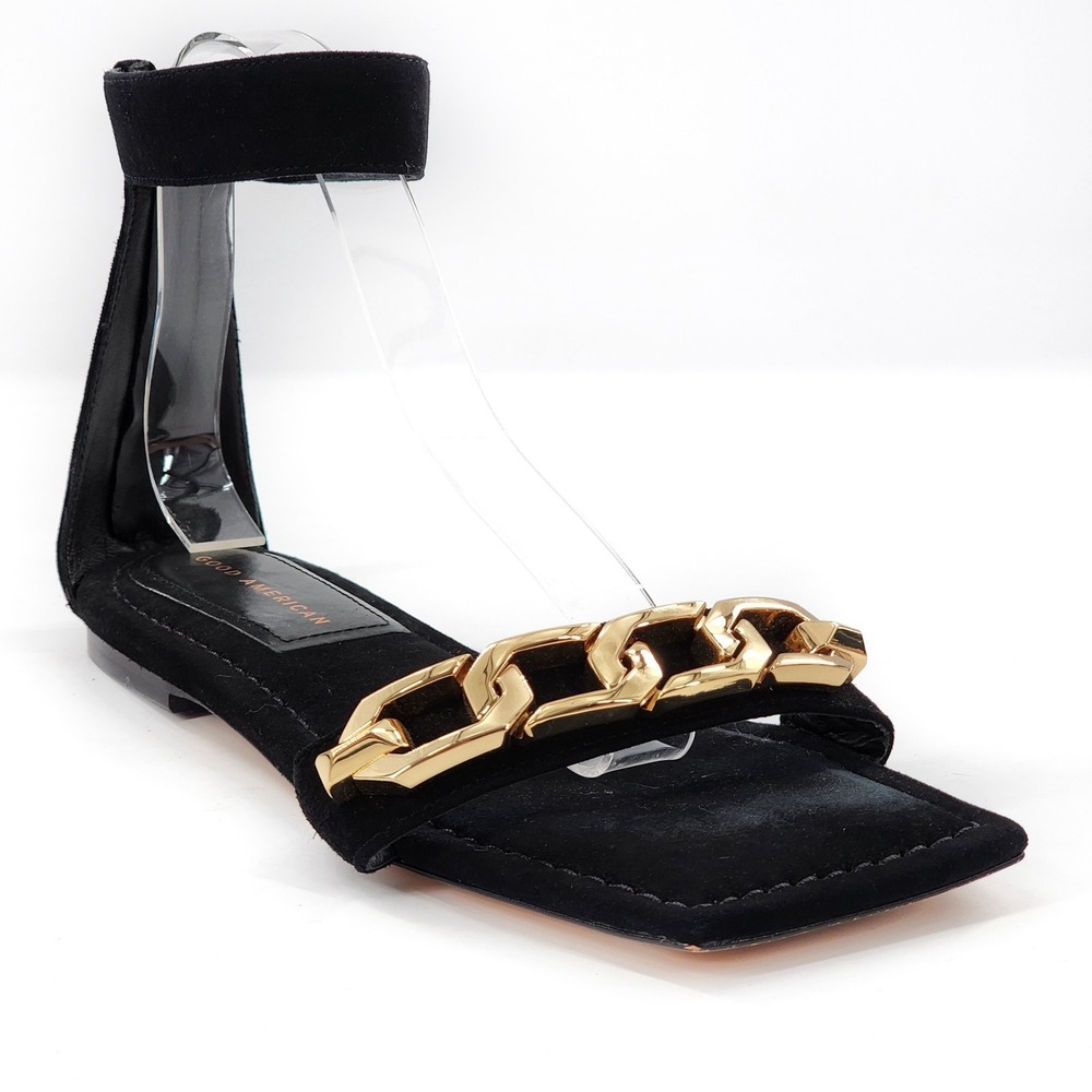 GOOD AMERICAN Ankle Strap Suede Sandals Black Zip Gold Chain Link Size 8